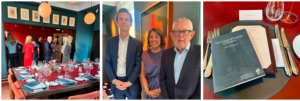 Images of people networking, Pavita Cooper, Charlie Clifton and David Weymouth, Image of a dinner table and brochure with The Future of Women In Finance printed on the front.